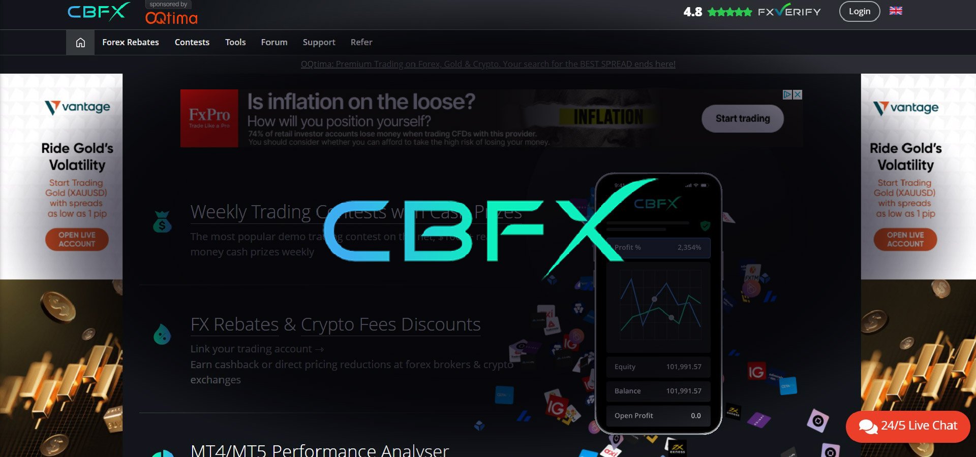 CBFX homepage featuring crypto and forex rebates, contests, and trading analytics tools in dark UI.