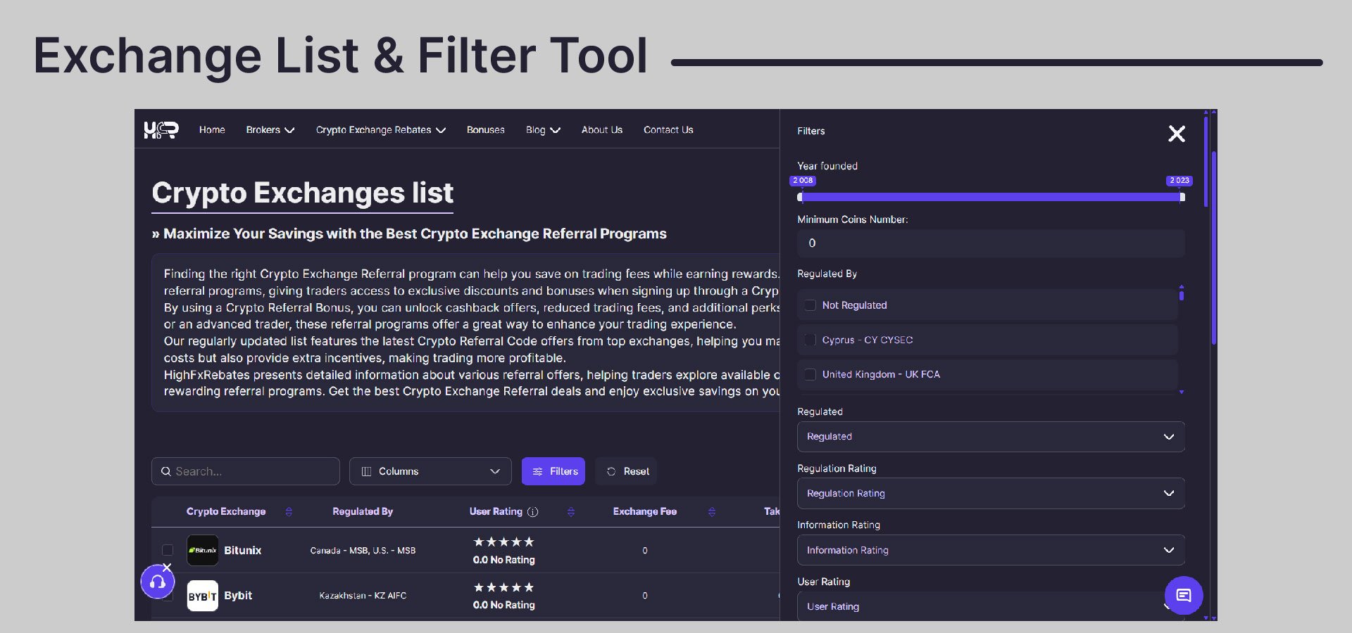 Crypto exchange comparison tool on HighFxRebates with filtering by regulation, fees, and ratings.