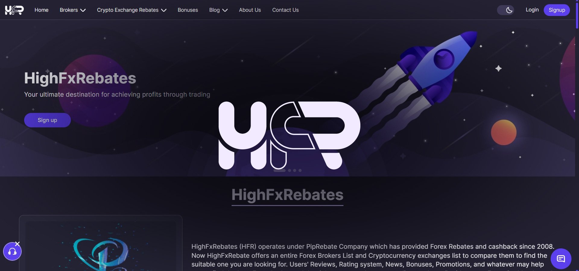 Screenshot of HighFxRebates homepage with rocket illustration, modern dark UI, and trading cashback interface.