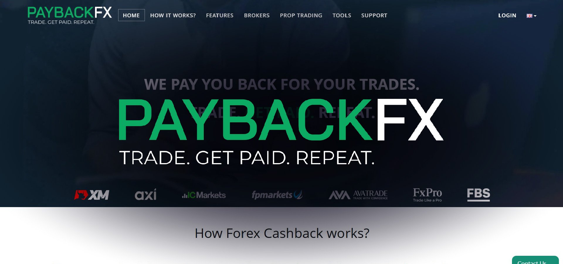 Homepage of PaybackFX featuring “Trade. Get Paid. Repeat.” slogan with list of supported brokers like XM and IC Markets.