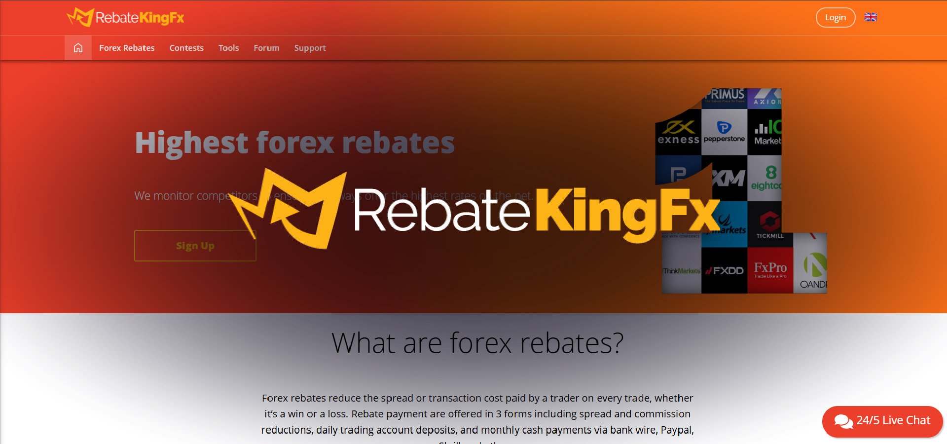 Screenshot of RebateKingFX homepage with orange-themed UI and featured broker logos.