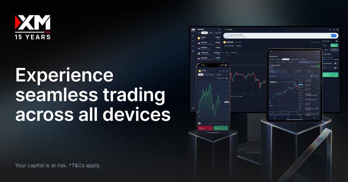 XM trading platform shown on desktop, tablet, and smartphone with dark UI — tagline ‘Experience seamless trading across all devices.