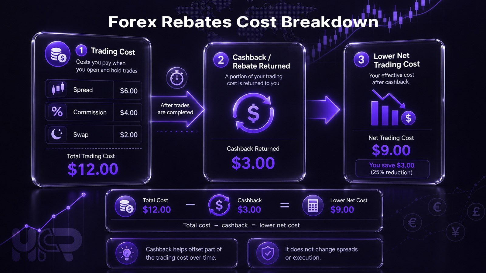 forex cashback rebate process showing trading cost and reduced net cost after rebate