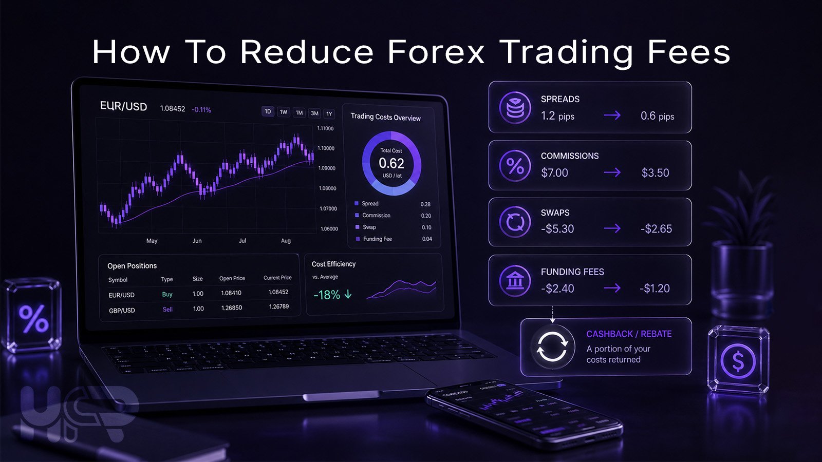 forex trading platform showing spreads commissions swaps funding fees and cost breakdown dashboard