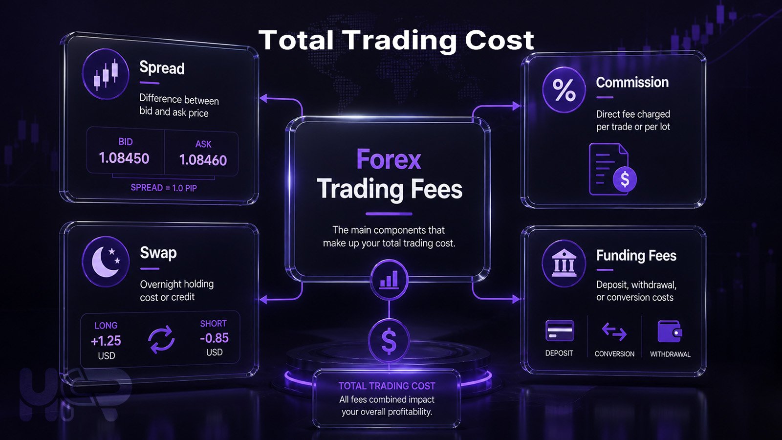 forex trading fees explained spread commission swap and funding cost components visual