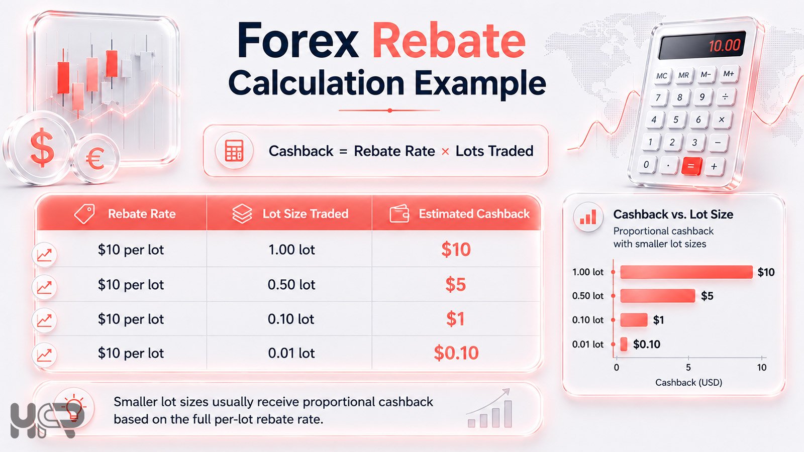 Forex rebate calculation example showing cashback per lot