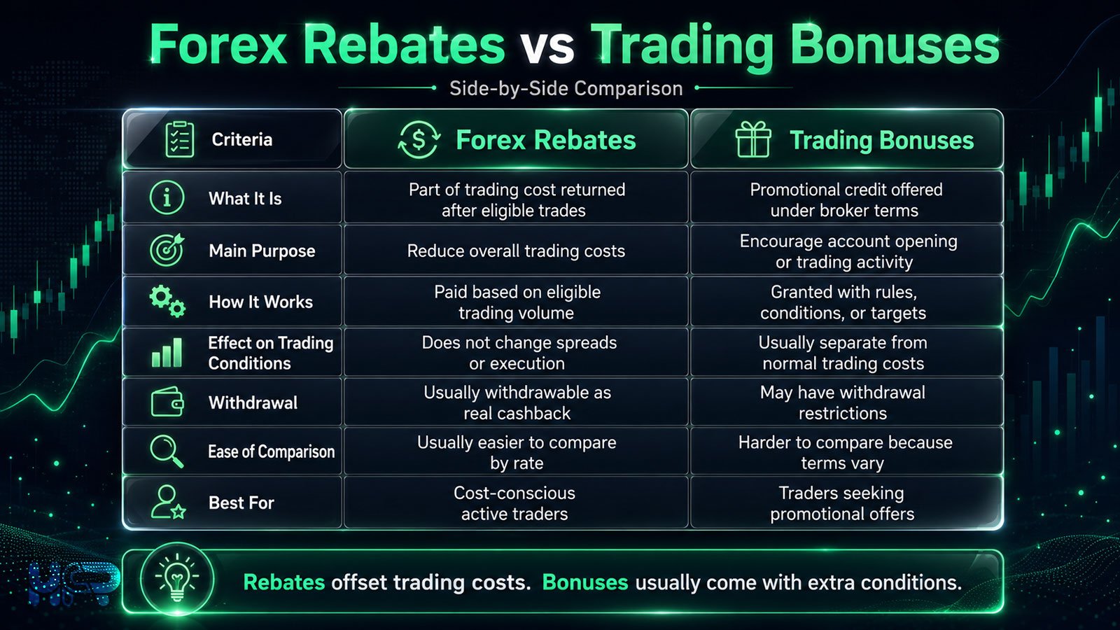 Forex rebates vs trading bonuses side by side comparison table showing cost offset conditions and withdrawal differences