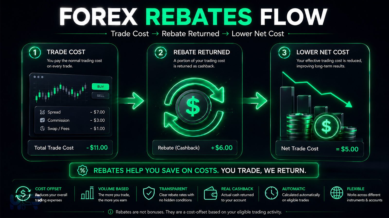 Forex rebates flow showing trade cost rebate returned and lower net trading cost