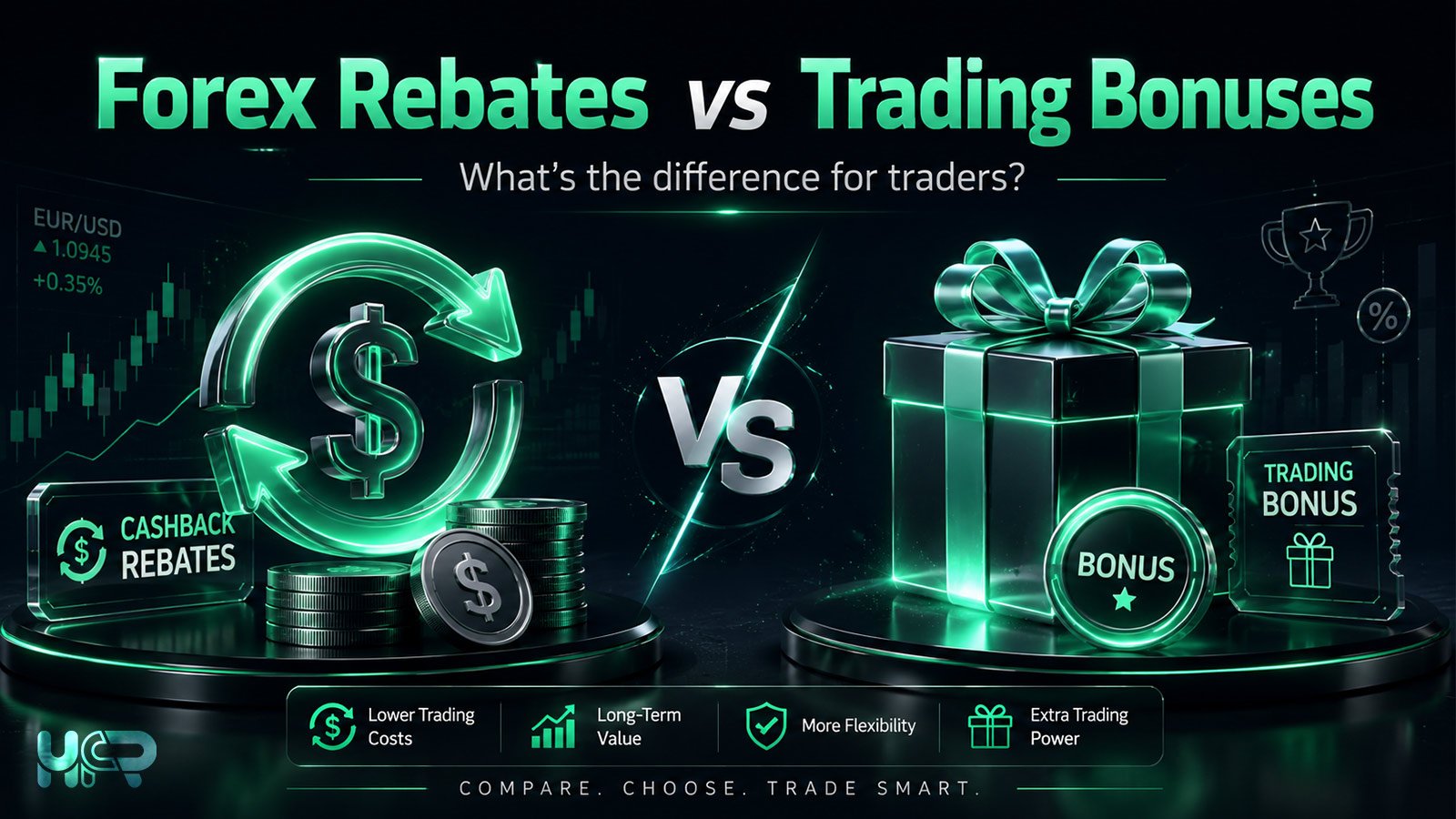 Forex rebates vs trading bonuses comparison cover showing cashback rebates and trading bonus concept