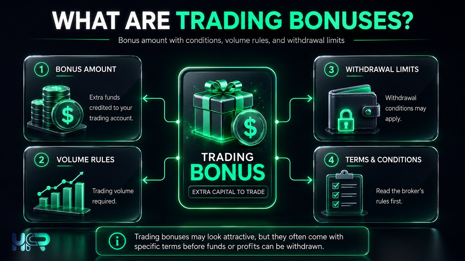 Trading bonus conditions showing bonus amount volume rules withdrawal limits and broker terms