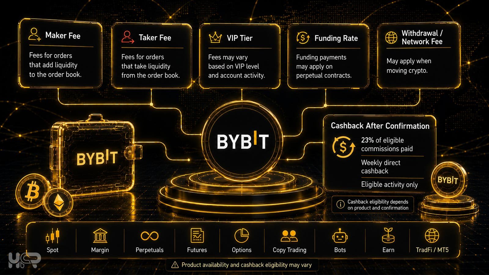 Bybit maker taker fees VIP tier funding rate network fee and cashback after confirmation explained