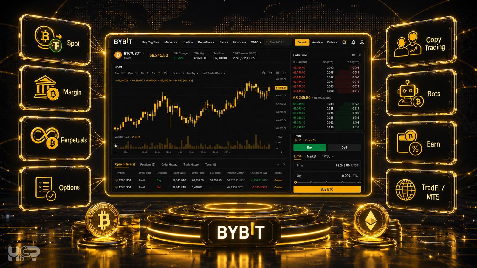 Bybit trading products including spot margin futures options copy trading bots earn and TradFi MT5