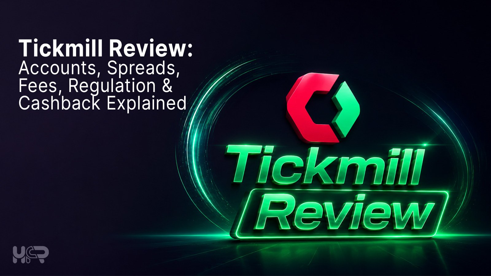 Tickmill review cover image with Tickmill logo and green neon design for accounts spreads fees regulation and cashback explained
