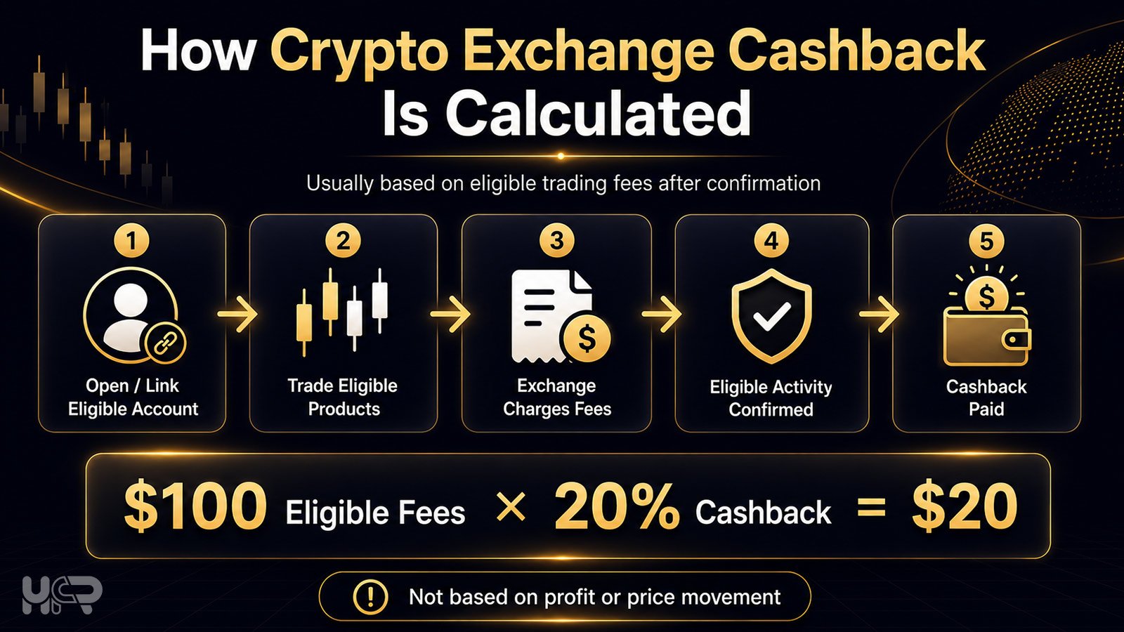 Infographic showing how crypto exchange cashback is calculated from eligible fees after account linking and trade confirmation.