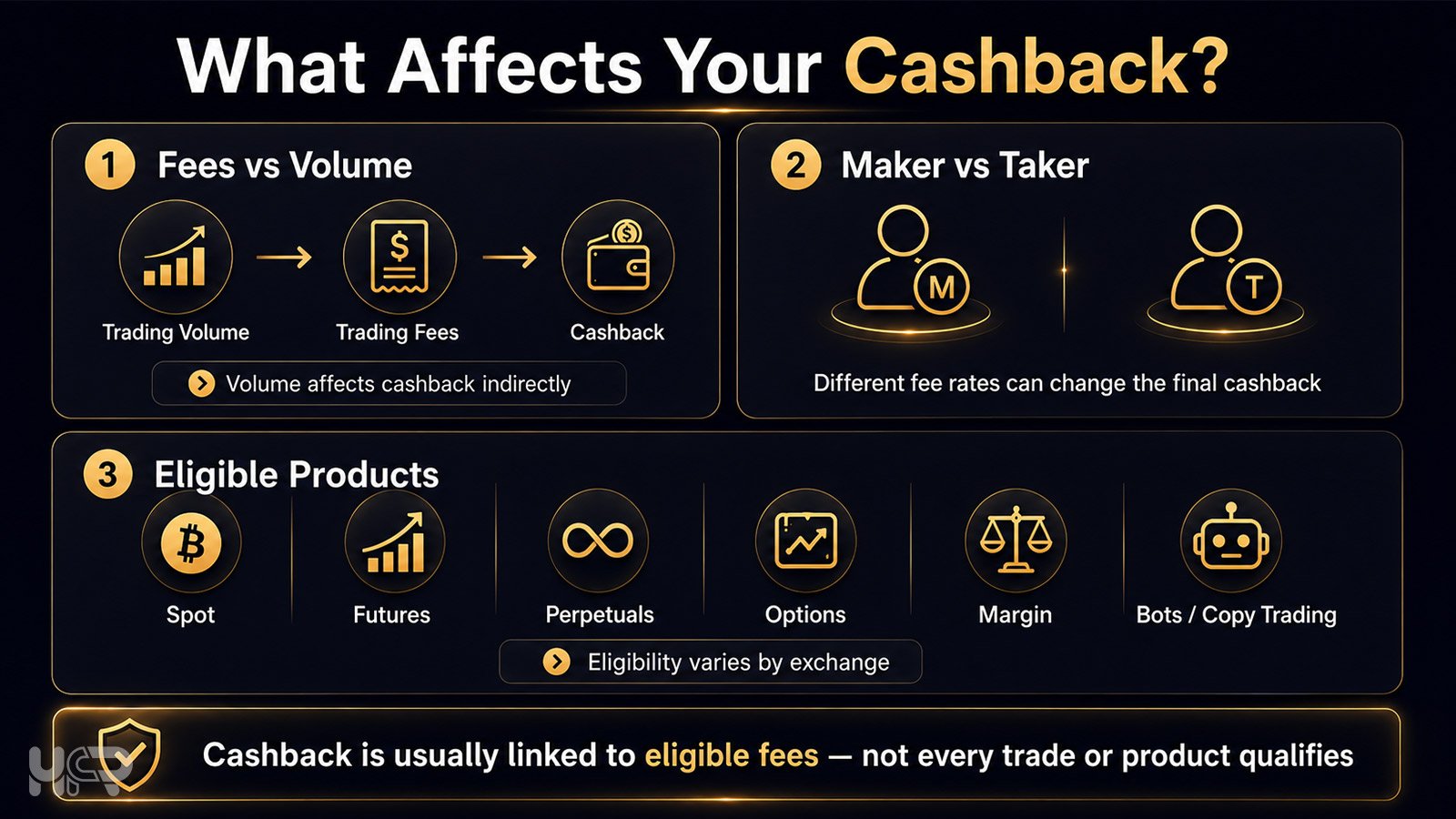 Infographic explaining factors that affect crypto cashback, including fees, volume, maker and taker rates, and eligible products.