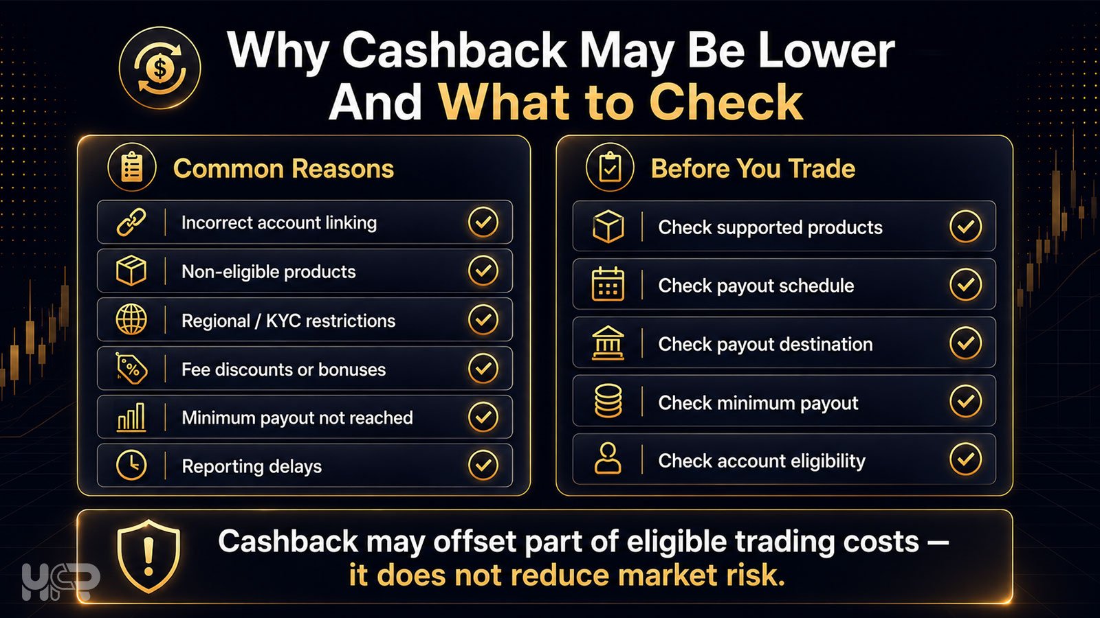 Checklist infographic showing common reasons crypto cashback may be lower than expected and what users should check before trading.
