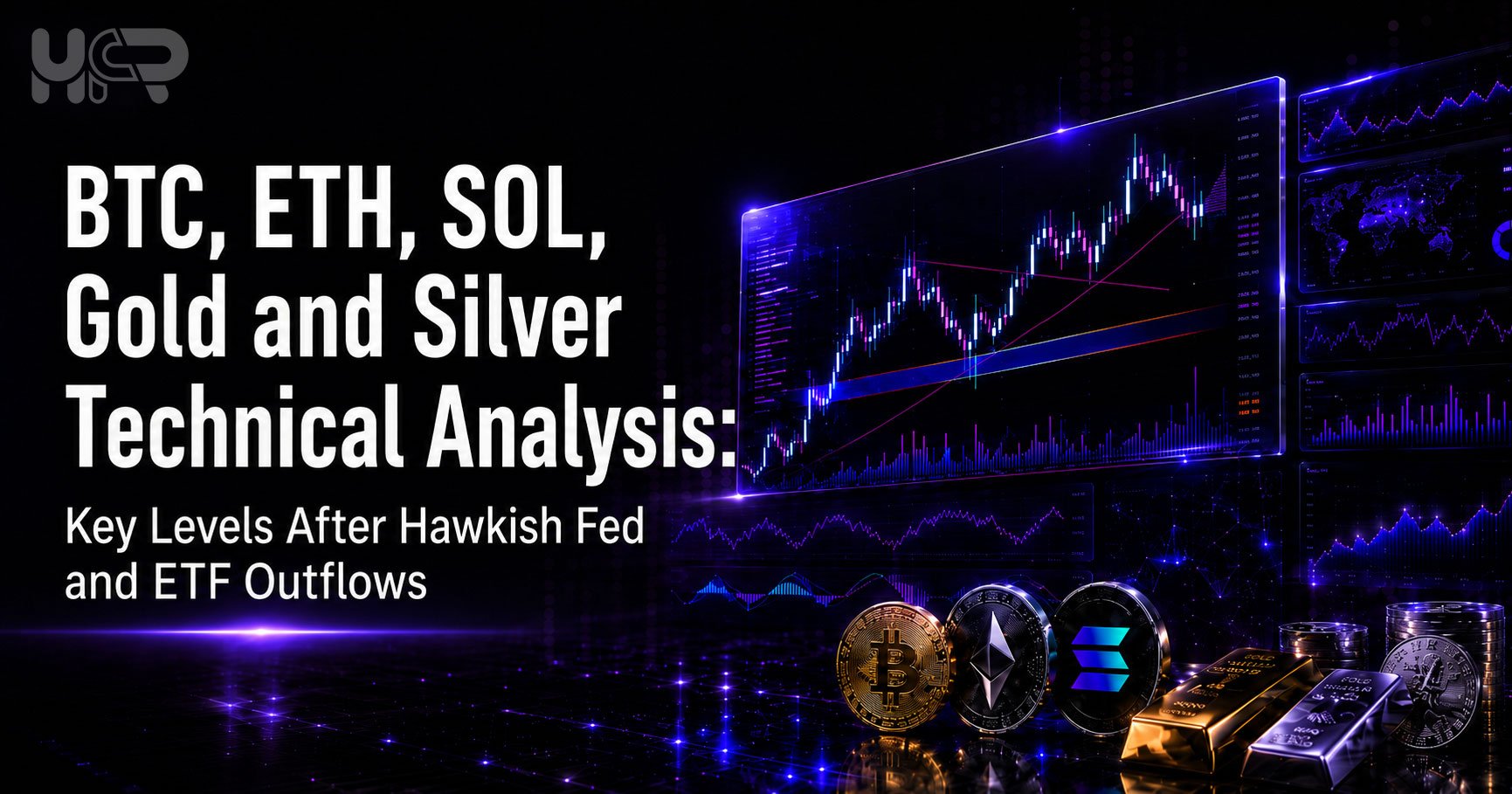 BTC, ETH, SOL, gold and silver technical analysis with crypto coins, precious metals and market chart dashboard after hawkish Fed and ETF outflows.