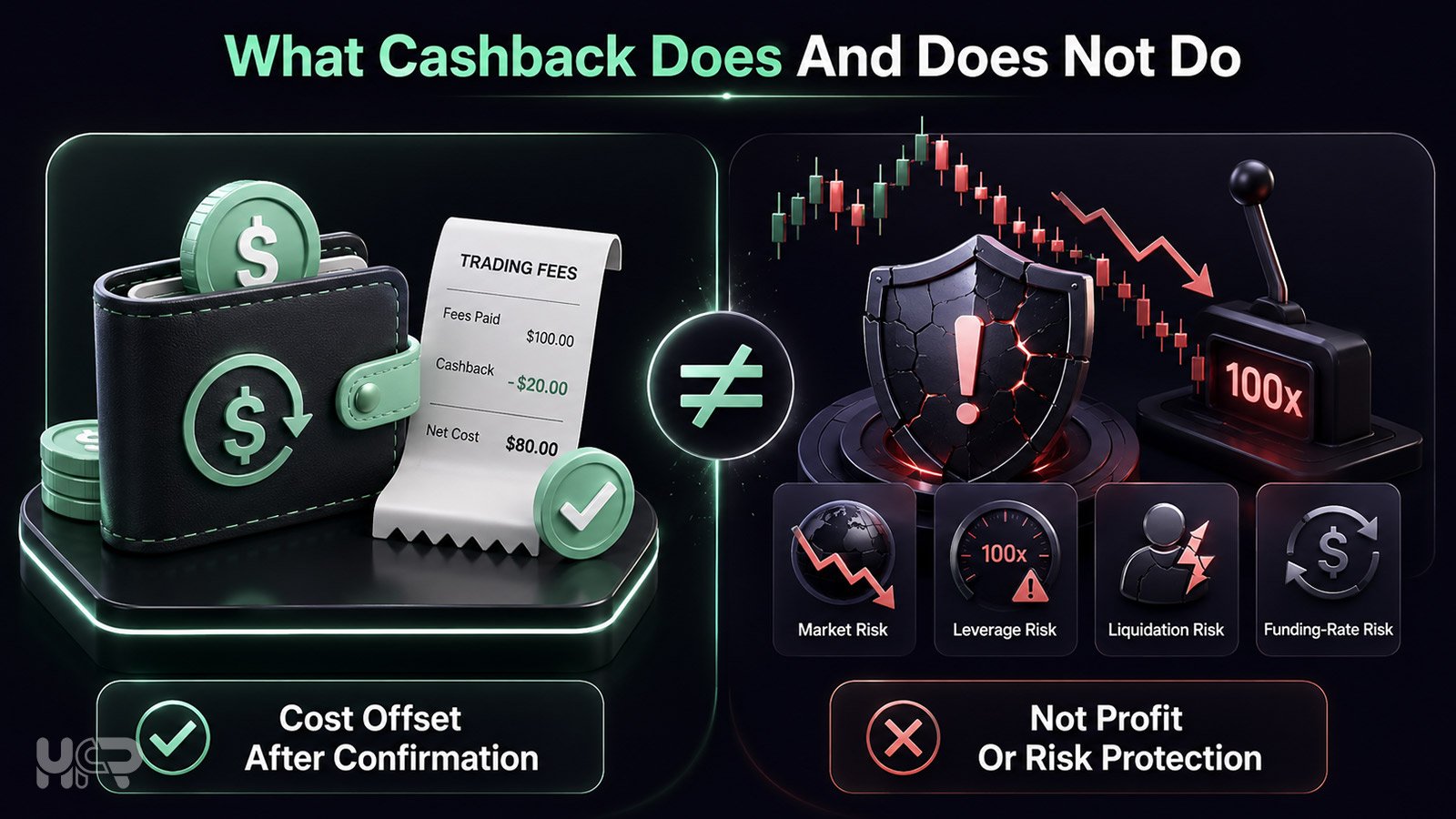 Crypto cashback explained as a cost offset after confirmation, not profit, risk protection, or protection from trading losses.