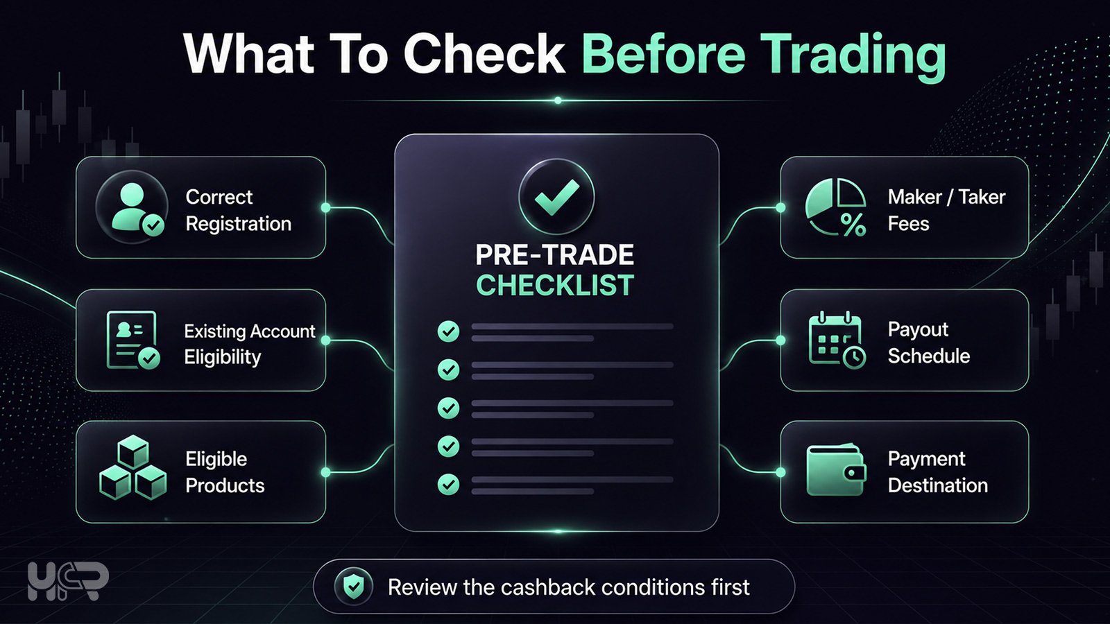 Pre-trade checklist for crypto exchange cashback, including registration, account eligibility, products, fees, payout schedule, and payment destination.