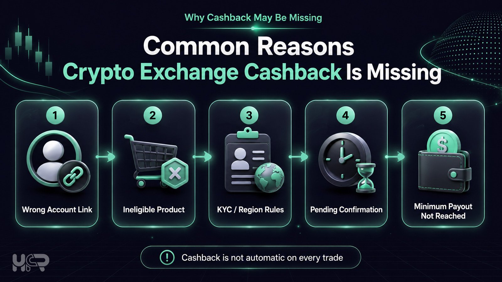 Common reasons crypto exchange cashback may be missing, including wrong account link, ineligible product, KYC rules, pending confirmation, and minimum payout.