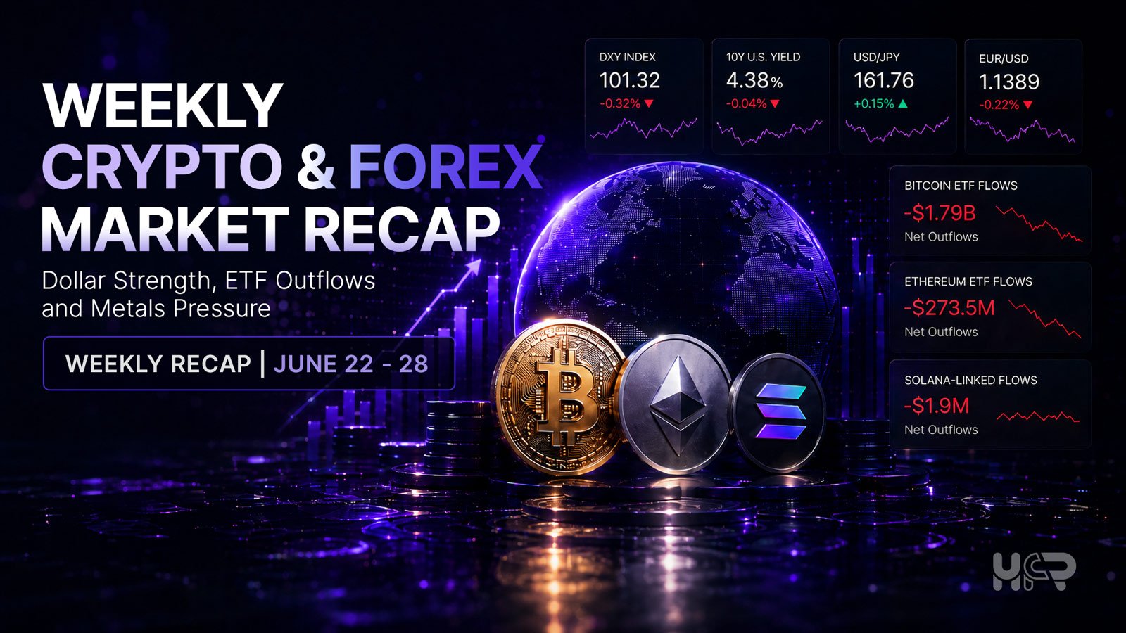 Crypto, forex and metals traded under pressure during June 22&ndash;28, 2026 as Fed expectations, dollar strength, Treasury yields and ETF outflows shaped market sentiment.