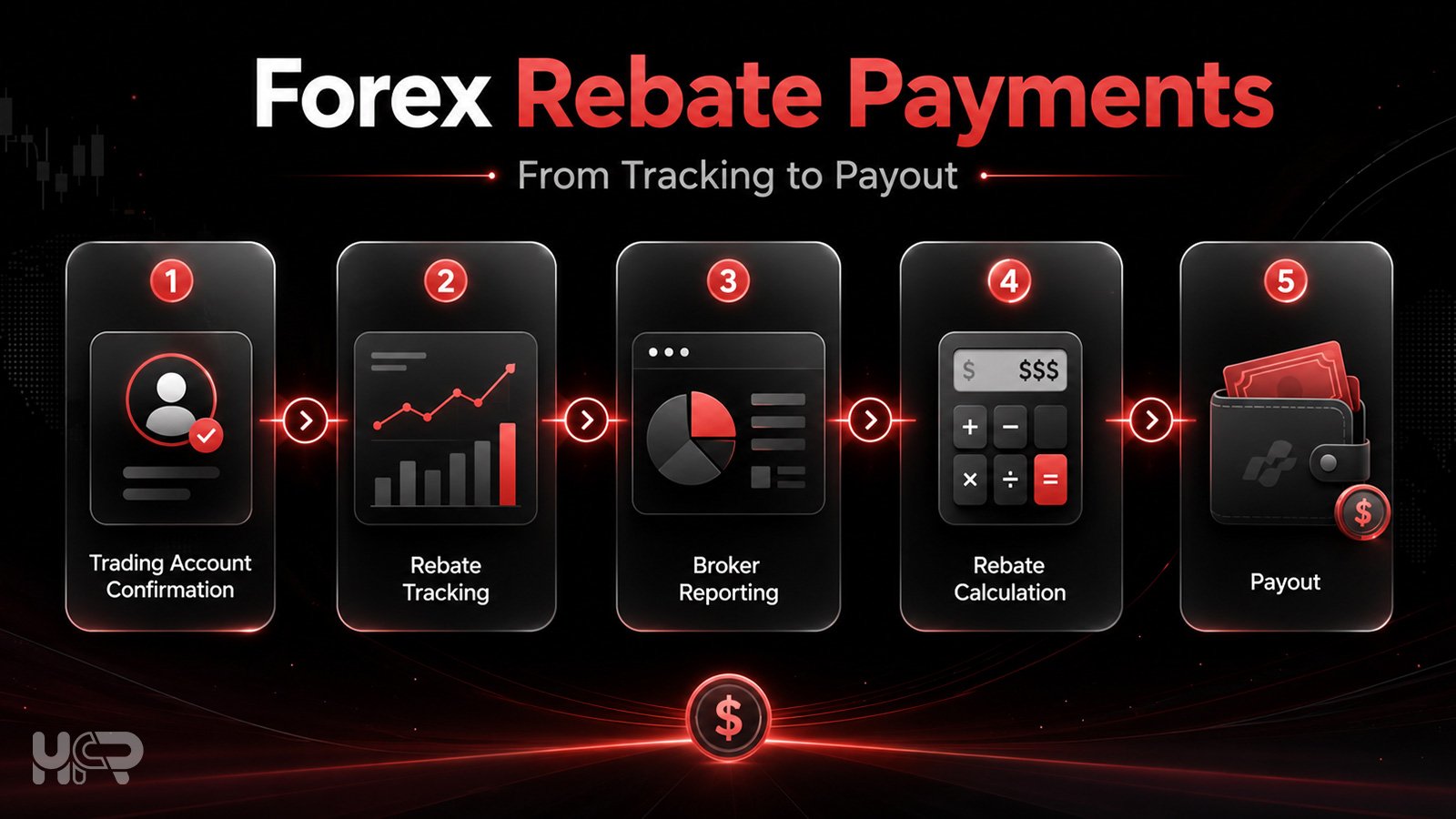 Forex rebate payments flow from trading account confirmation to tracking, reporting, calculation and payout