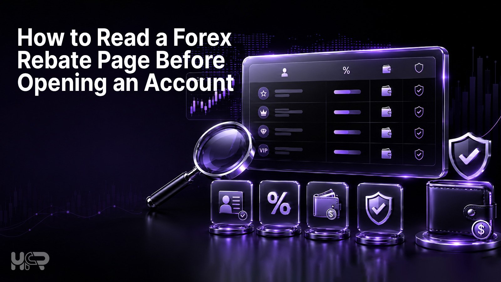 Forex rebate page guide with a comparison dashboard, magnifying glass, account type, rebate rate, payout and eligibility icons.