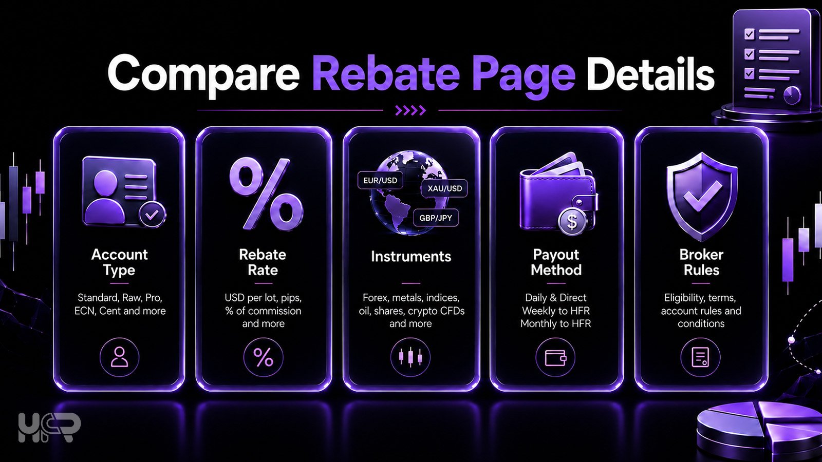 Comparison of key forex rebate page details, including account type, rebate rate, eligible instruments, payout method and broker rules.