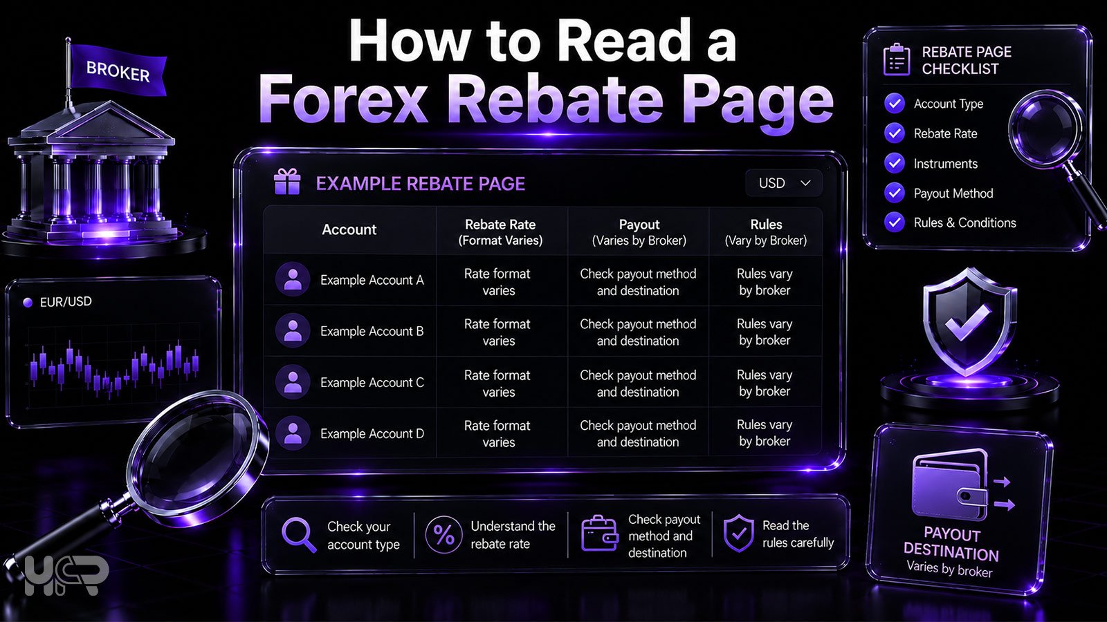 Example forex rebate page showing variable account types, rebate formats, payout destinations and broker-specific rules.