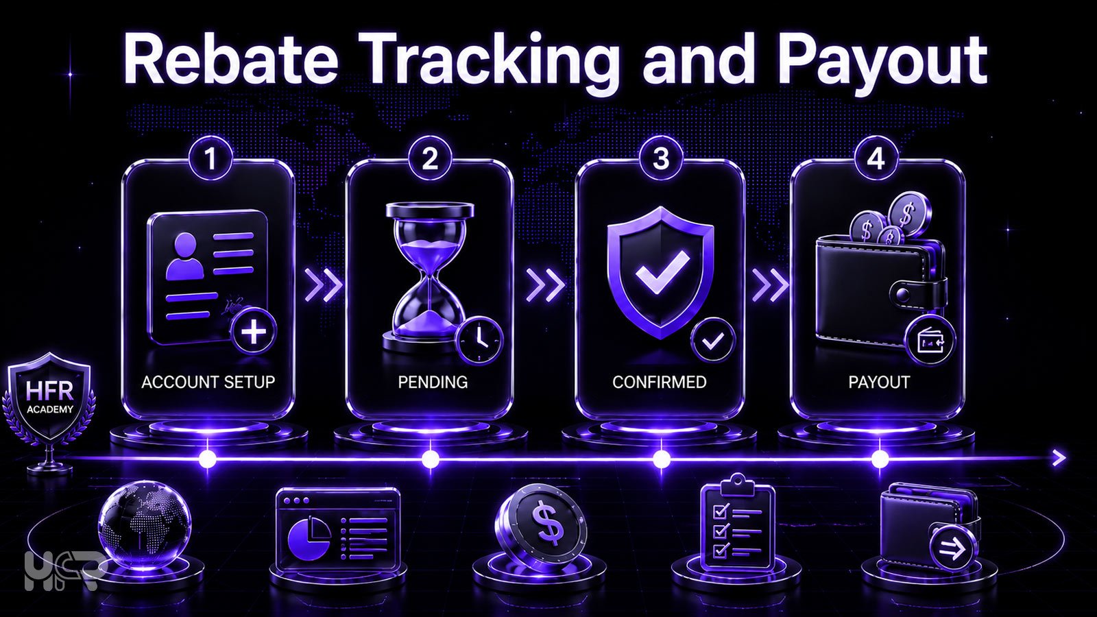 Forex rebate tracking process showing account setup, pending review, confirmation and payout stages.