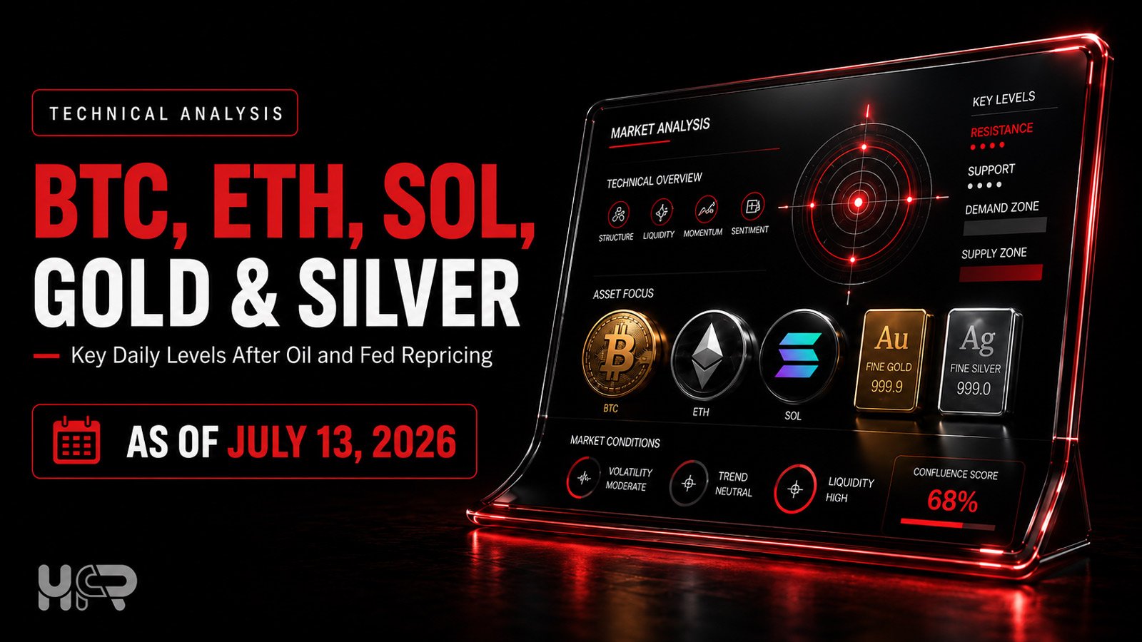 July 13, 2026: Key support and resistance levels across BTC, ETH, SOL, gold and silver after oil volatility, higher yields and uneven crypto product flows.