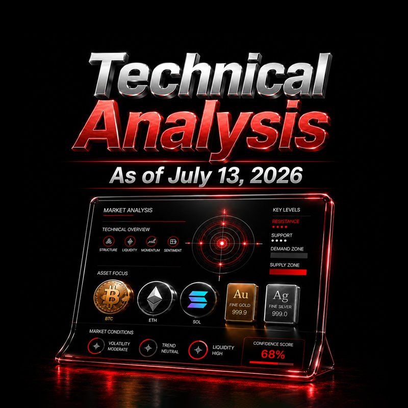 image about BTC, ETH, SOL, Gold and Silver Technical Analysis: Key Daily Levels After Oil and Fed Repricing - July 13, 2026