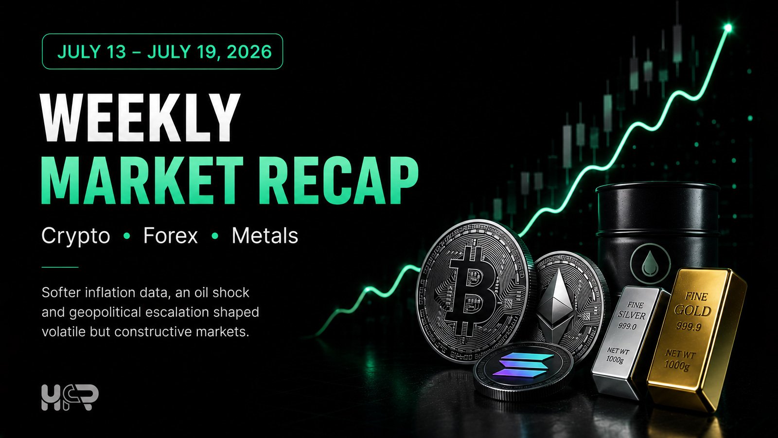 July 13–19, 2026: Softer U.S. inflation eased near-term Fed-hike expectations, while surging oil prices kept markets volatile as BTC and ETH rebounded and gold and silver declined.