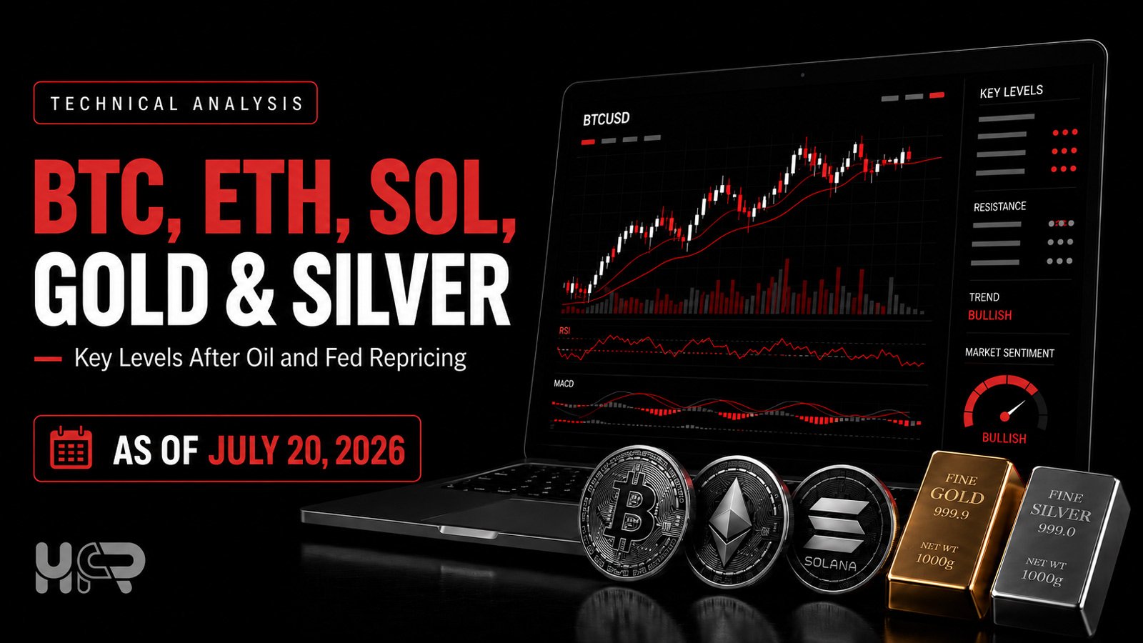 July 20, 2026: Key support and resistance levels for BTC, ETH, SOL, gold and silver after softer inflation, higher oil prices and uneven crypto product flows.