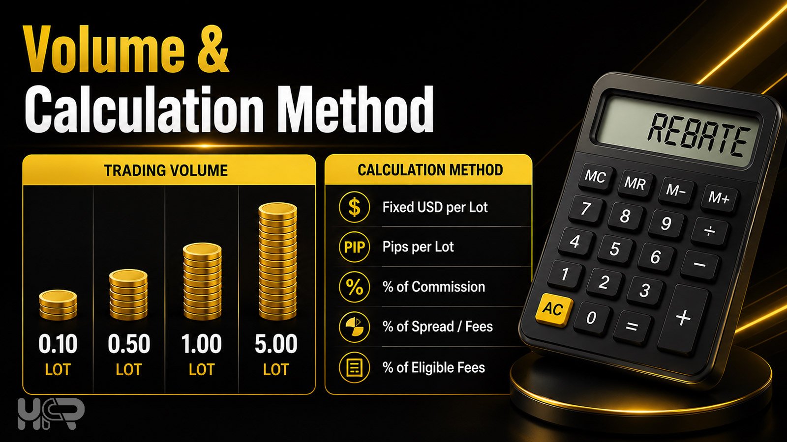 Trading volume and forex rebate calculation methods including per lot, pips and percentage-based cashback