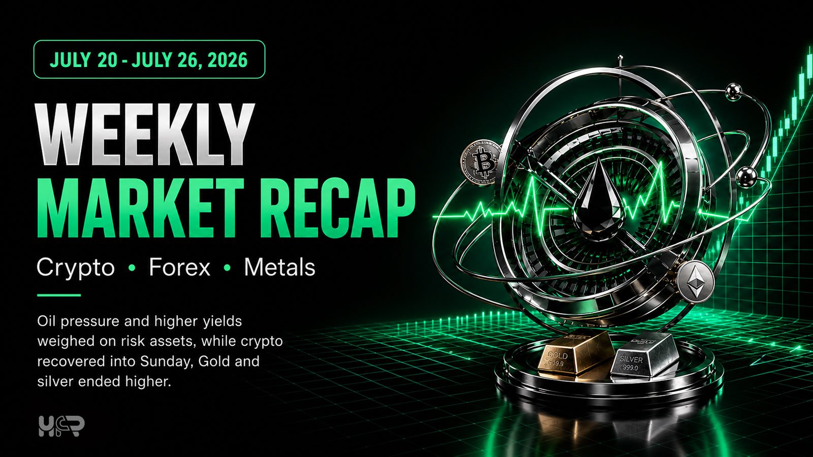 Weekly Crypto and Forex Market Recap: July 20-26, 2026 Oil and firmer rate expectations supported the dollar and Treasury yields, while crypto and precious metals ended their measured periods higher.