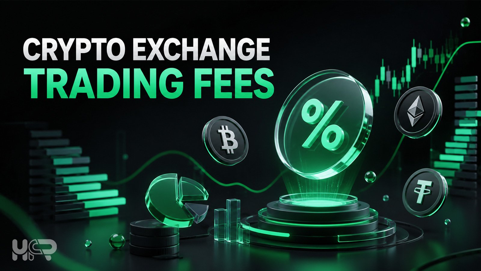 3D crypto trading scene with Bitcoin and Ethereum coins, a percentage symbol, market charts and trading-fee elements.