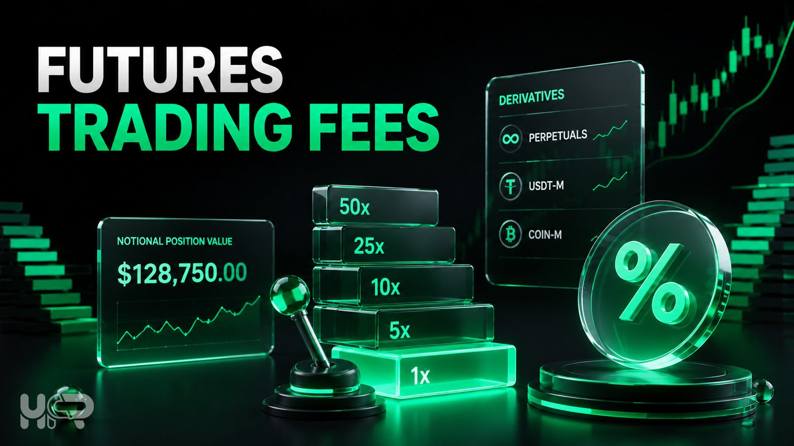 3D crypto futures trading scene showing leverage levels, notional position value, derivatives markets and trading fees.