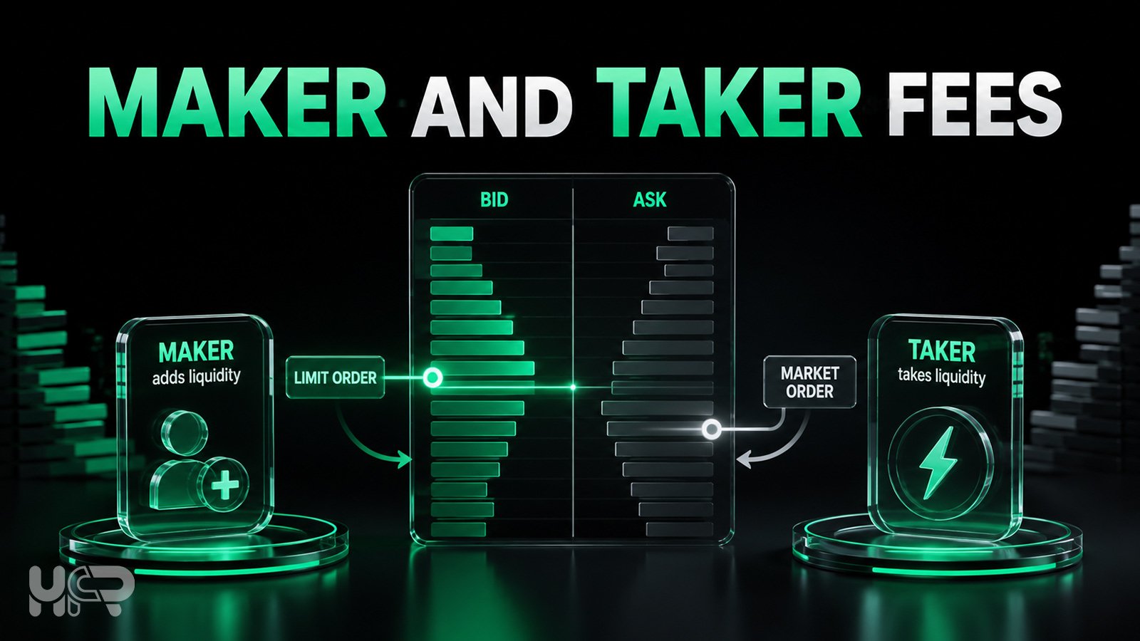 3D order book showing a maker limit order adding liquidity and a taker market order removing liquidity.