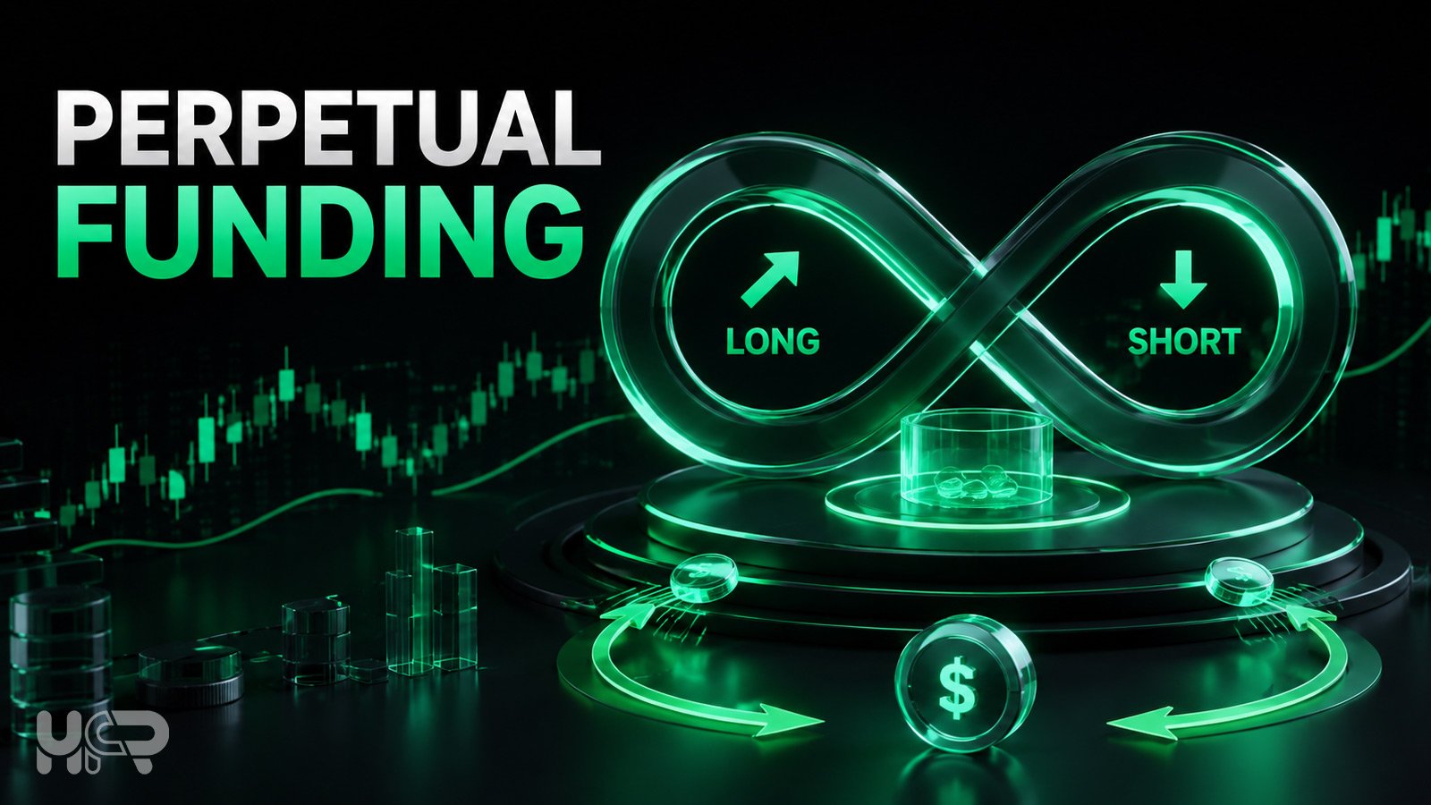 3D perpetual futures concept showing long and short positions exchanging periodic funding payments.