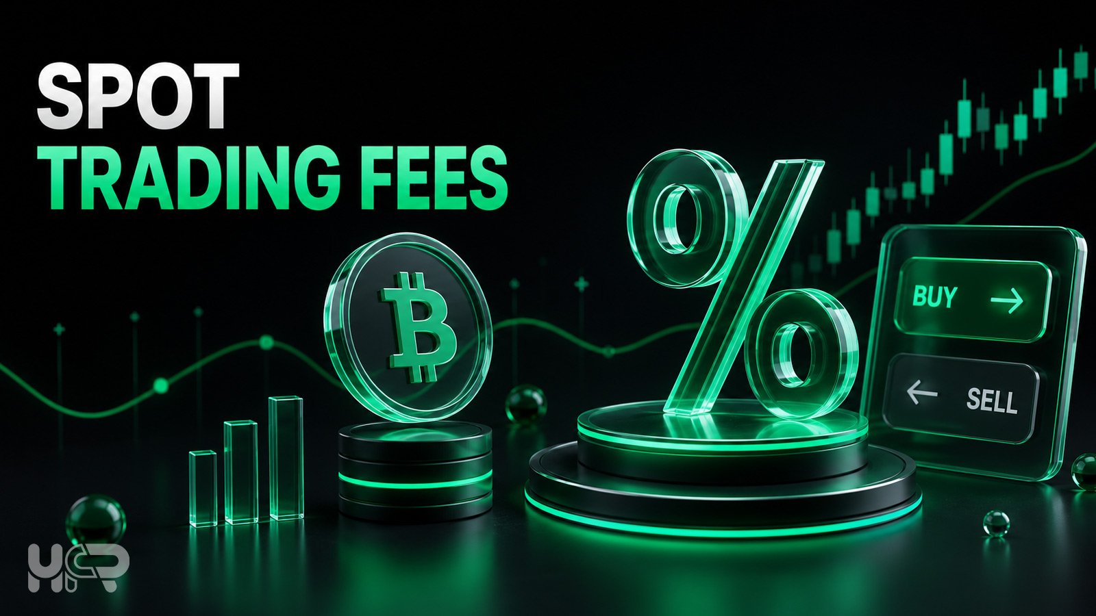 3D spot trading scene with Bitcoin, a percentage symbol, buy and sell buttons and market price charts.