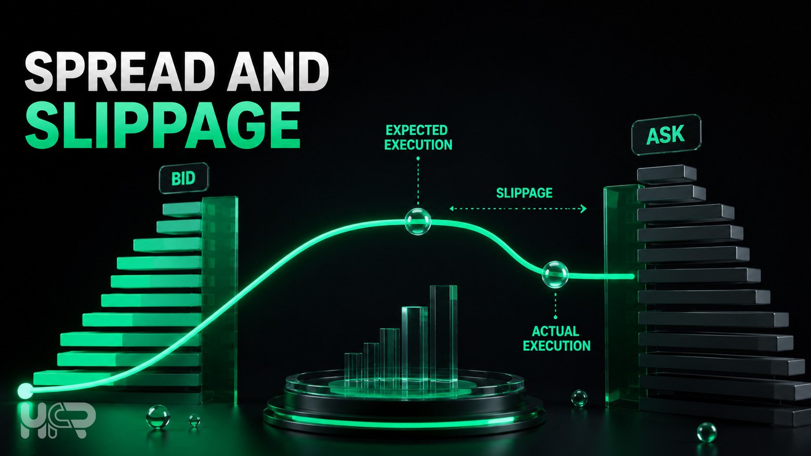 3D trading visualization showing the bid-ask spread and the difference between expected and actual execution prices.