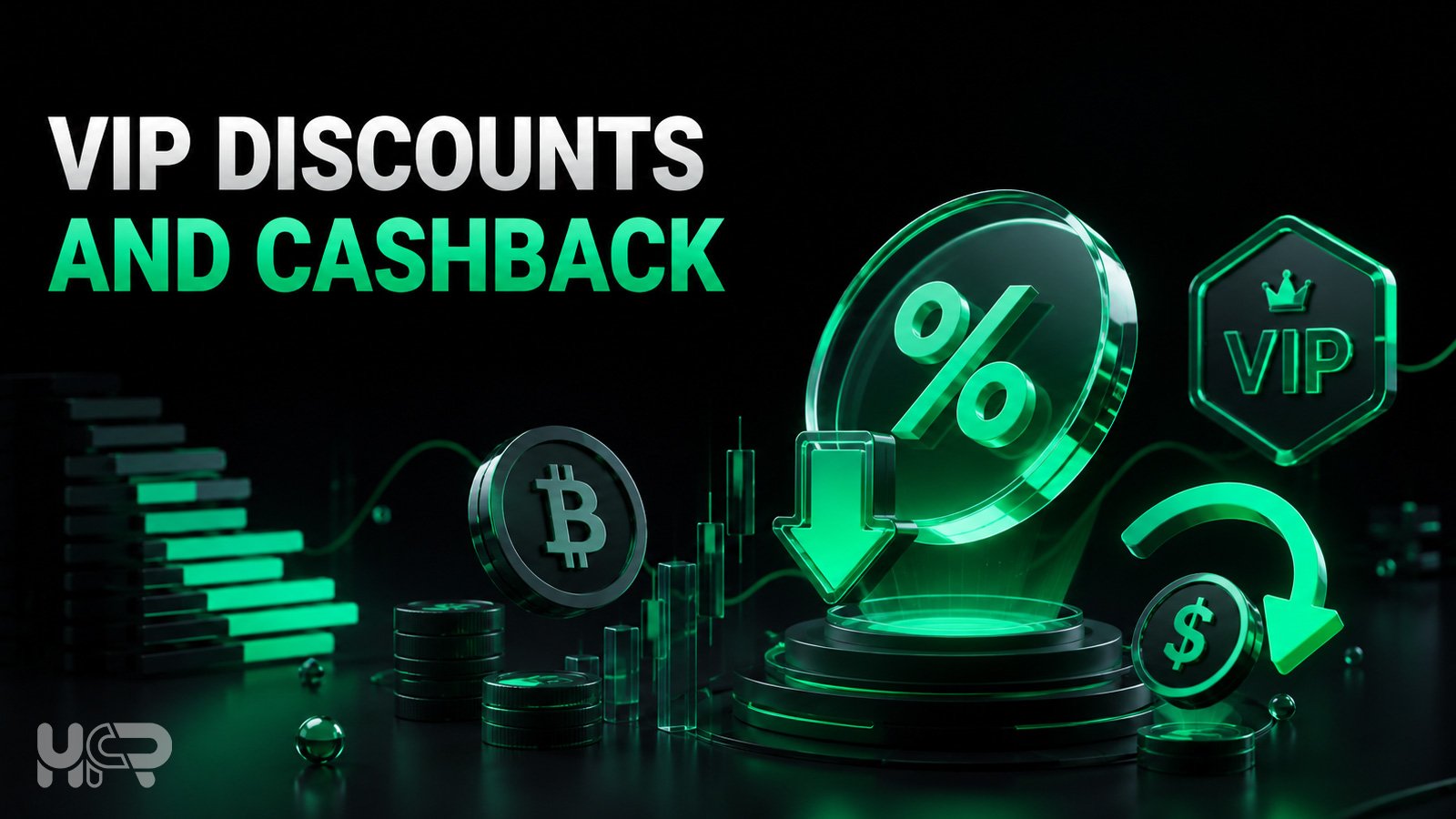 3D crypto fee concept showing a VIP badge, percentage discount and cashback returning part of an eligible commission.