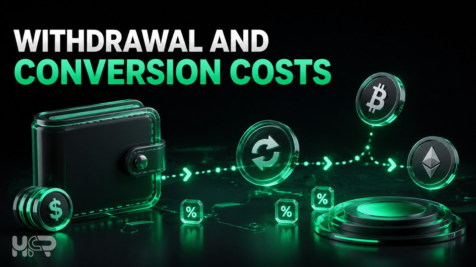 3D crypto wallet and conversion path illustrating withdrawal, network and asset conversion costs.