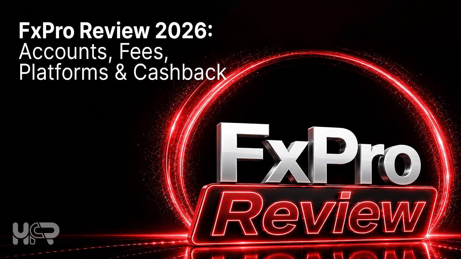 FxPro Review cover featuring a black background with red circular fintech graphics.