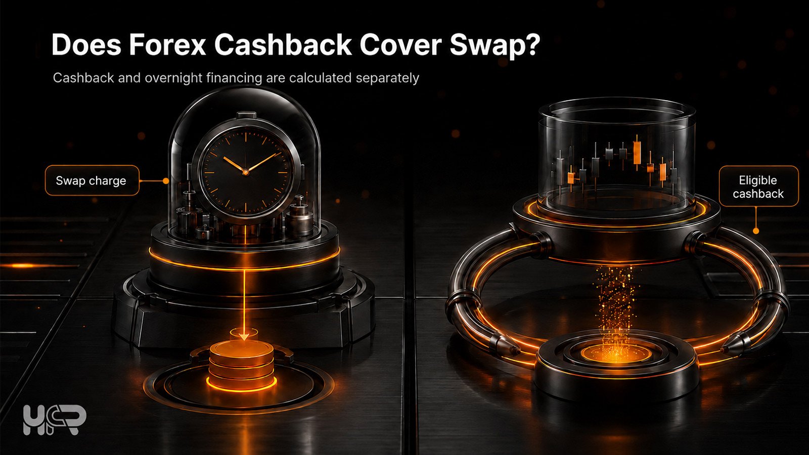 Separate mechanisms for a forex swap charge and eligible cashback, showing that overnight financing and cashback are calculated independently.