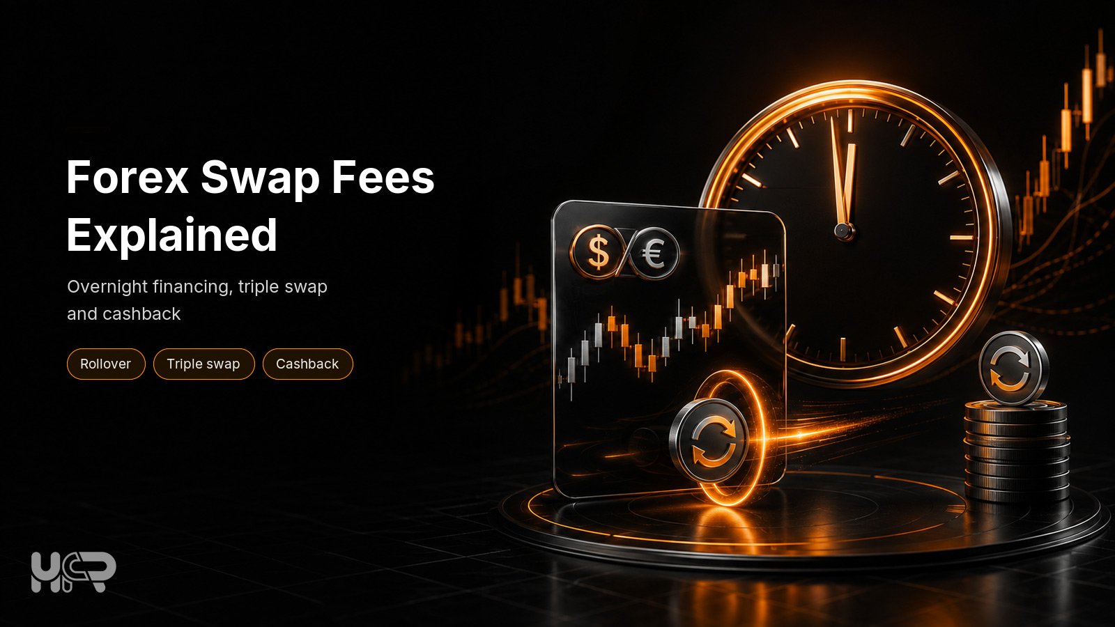 Forex swap fees illustrated with a trading chart, currency symbols, rollover icons and a clock representing overnight financing.