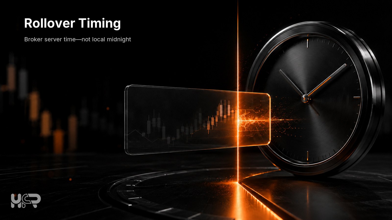 Forex trading position crossing an illuminated rollover cut-off beside a clock, representing broker server time rather than local midnight.
