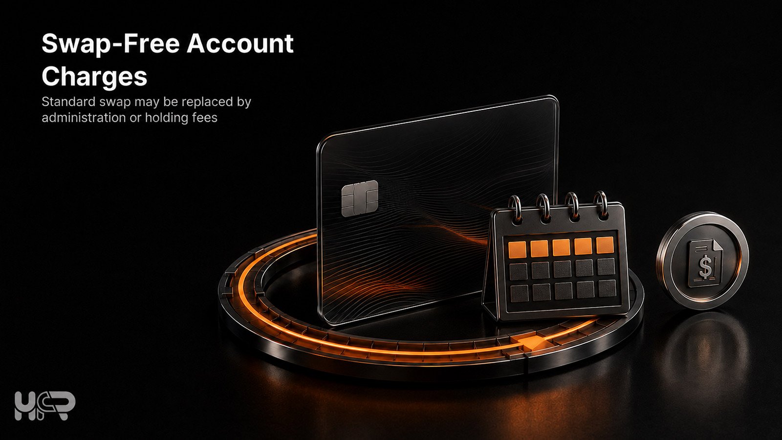 Swap-free account card with a grace-period calendar and separate fee coin, illustrating possible administration or holding charges.