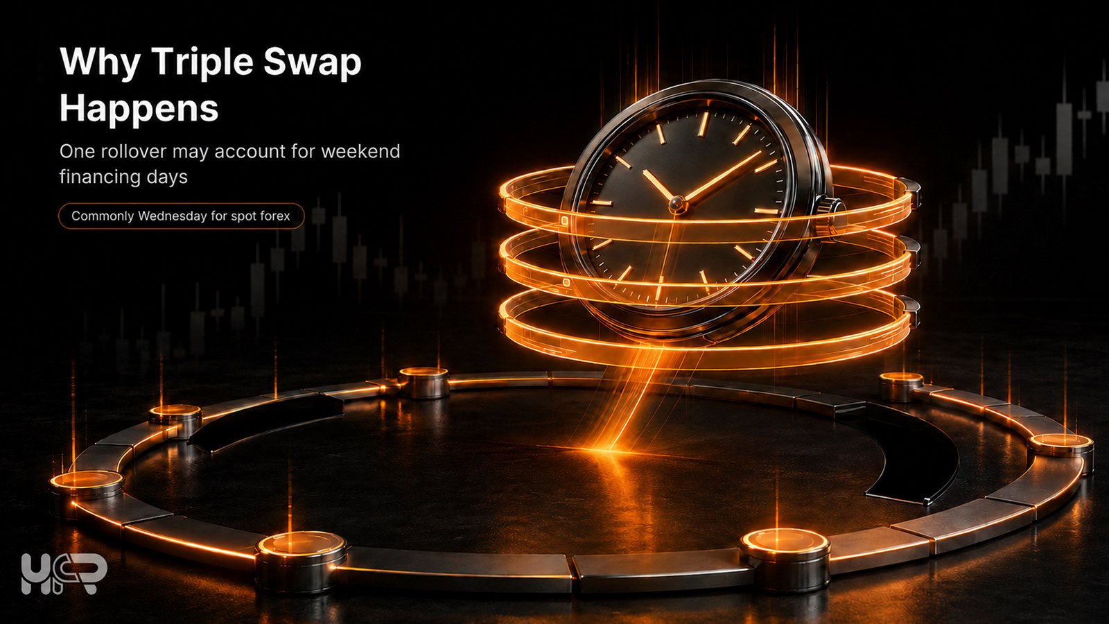 Clock surrounded by three illuminated rings, illustrating how one rollover may account for multiple financing days, commonly on Wednesday for spot forex.